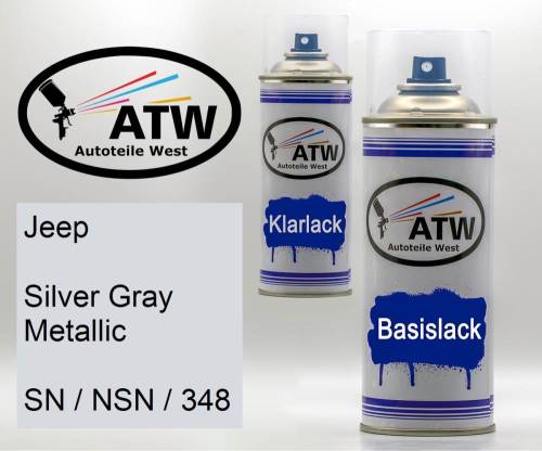 Jeep, Silver Gray Metallic, SN / NSN / 348: 400ml Sprühdose + 400ml Klarlack - Set, von ATW Autoteile West.